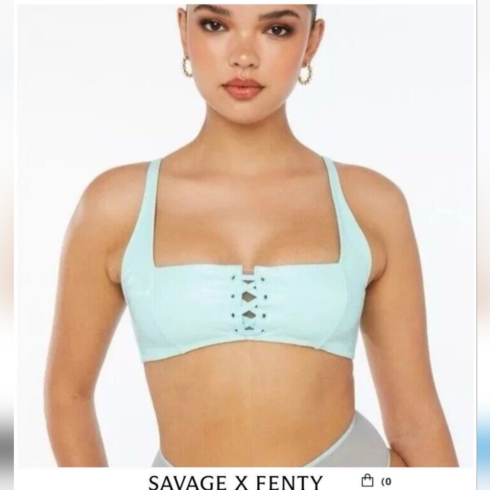 Savage X Fenty Bra Crop Top Aqua Blue Green Crocodile Faux Leather 3X NWT